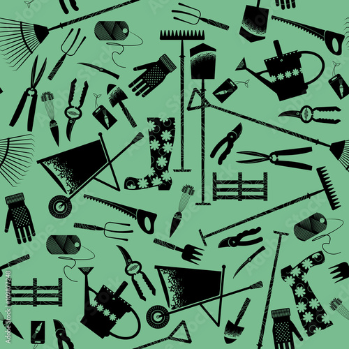 Set of various garden tools. Seamless background pattern.