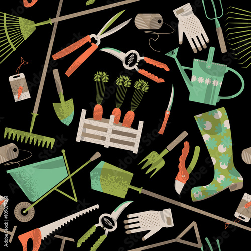 Set of various garden tools. Seamless background pattern.