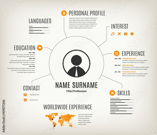Vector web cv or resume template with world map.