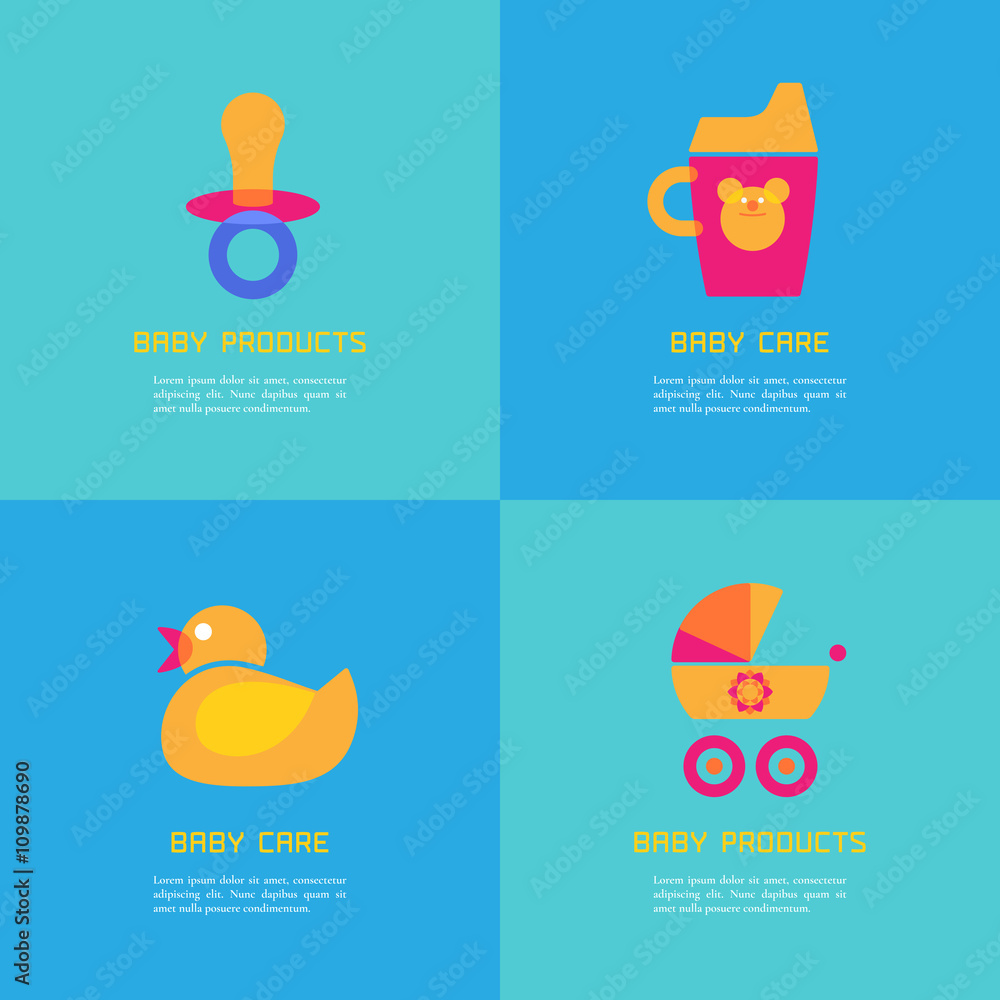 Fototapeta premium Set of vector illustrations of rubber duck, soother, sippy cup, carriage