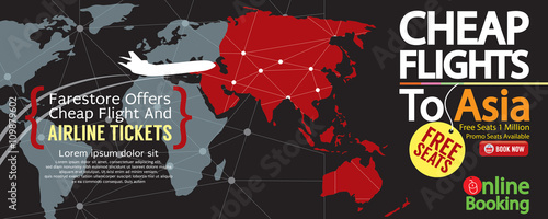 Cheap Flight To Asia 1500x600 Banner Vector Illustration.