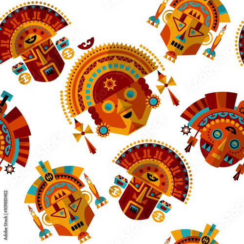 Inca tribal masks. Seamless background pattern.