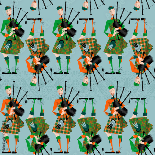 Scottish Bagpiper in uniform. Seamless background pattern.