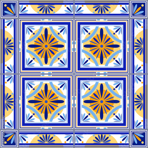 Vector moroccan tiles set with border. Tiles for bathroom, kitchen, patio. Old traditional vintage style. Interior design element, outdoor decoration