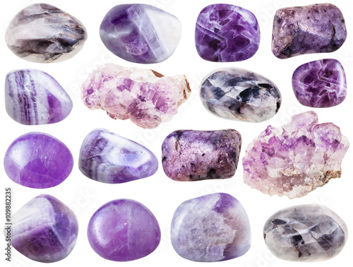 set of various amethyst natural gemstones photo