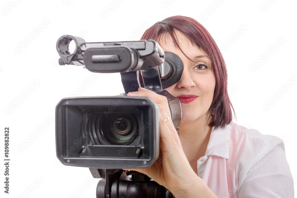 Naklejka premium pretty young woman with a professional camera