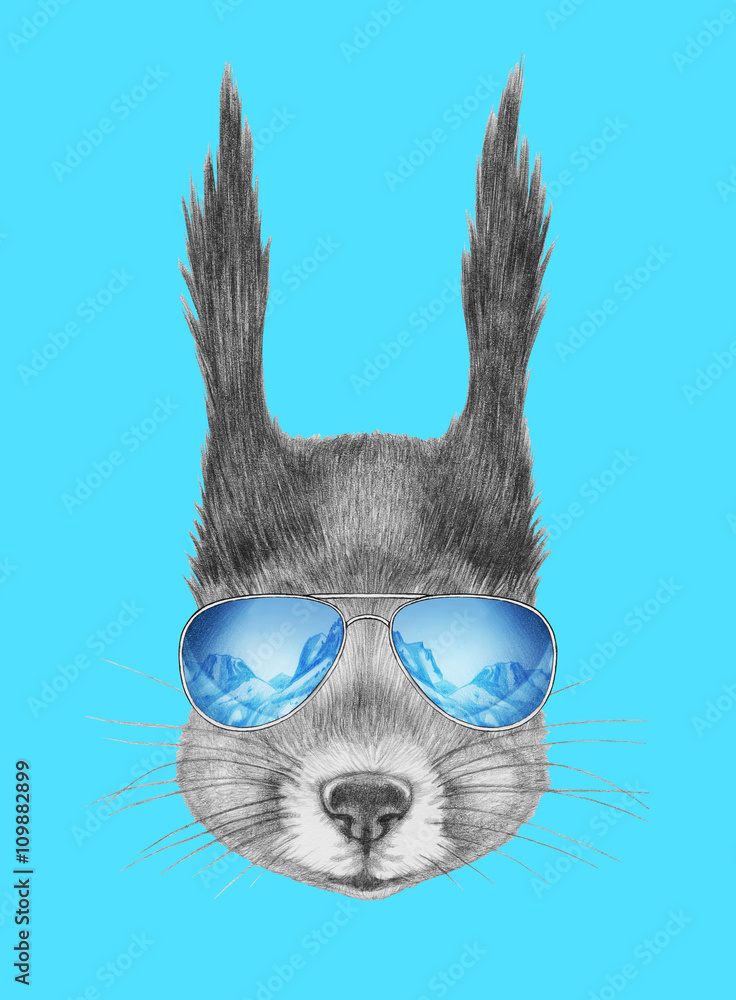 Portrait of Squirrel with mirror sunglasses. Hand drawn illustration.