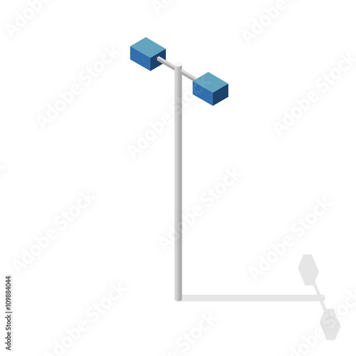 Street light, info graphic. Isometric blue lamp on white background. Street minimalistic equipment. Pictogram of road lamp with details. Flatten isolated master vector icon. Cartography map symbol.