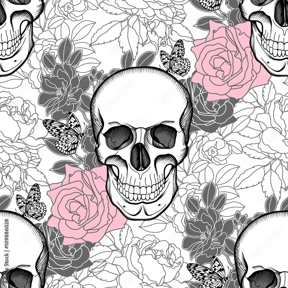 Seamless background of Skull and flowers. Day of The Dead. Vintage ...