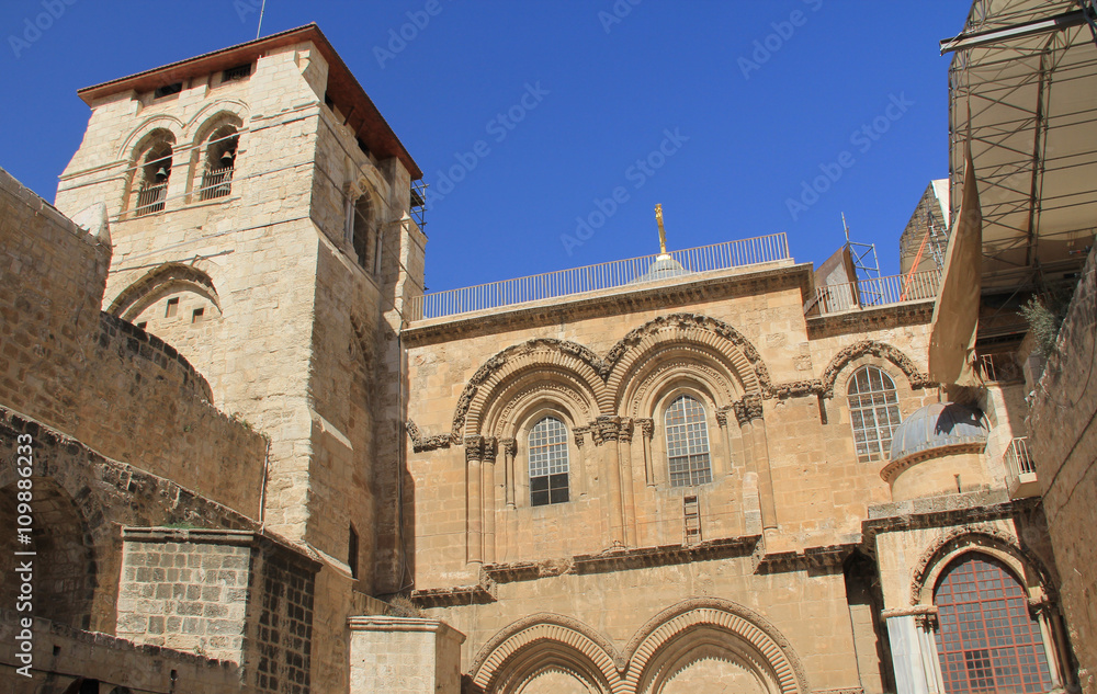 Main entrance of the Church of the Holy Sepulcher within the Christian Quarter in the Old City of Jerusalem Israel with copy space.  Also known as the Muristan.