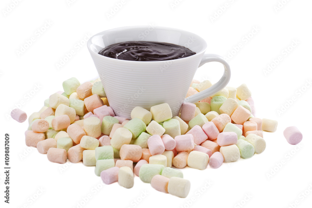 pile of colorful marshmallow and cup of melted chocolate pile of colorful marshmallow and cup of melted chocolate
