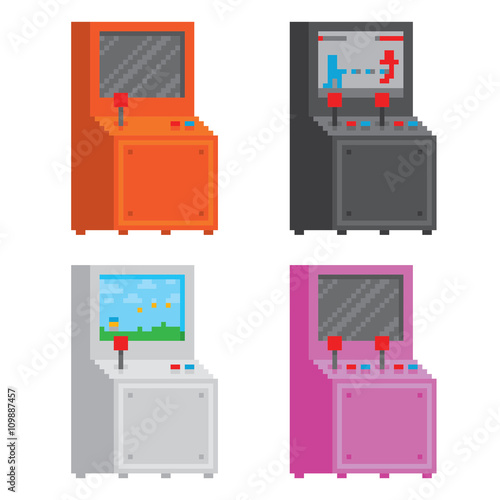 Pixel art style arcade game cabinet isolated vector illustration set