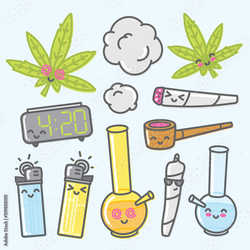 Marijuana kawaii cartoon vector objects pack