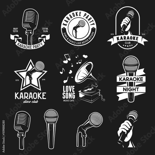 Set of karaoke related vintage labels, badges and design elements. Vector illustration.