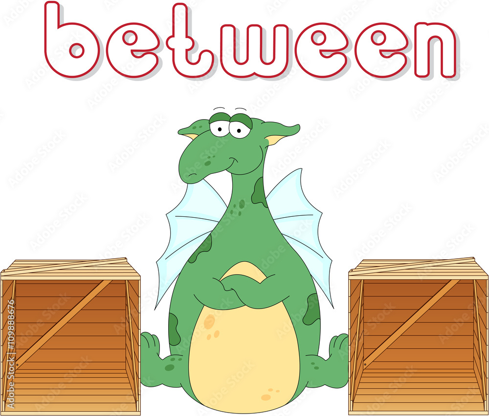 Cartoon dragon stands between two boxes. English grammar in pict Stock