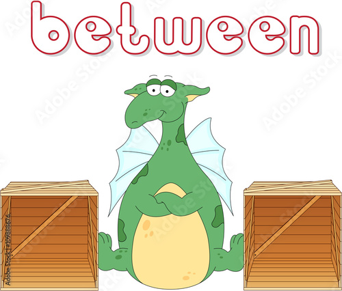 Cartoon dragon stands between two boxes. English grammar in pict