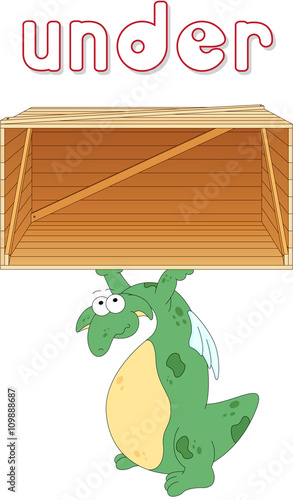 Cartoon dragon stands under a box. English grammar in pictures