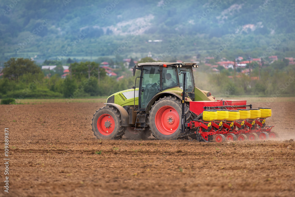 Fototapeta Farmer in tractor sowing crops at field with seed scattering agr