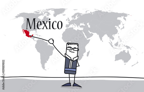 Personnage montrant le Mexique sur une carte du monde