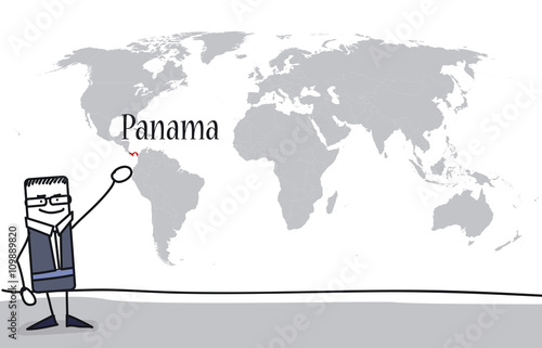 Personnage montrant le Panama sur une carte du monde