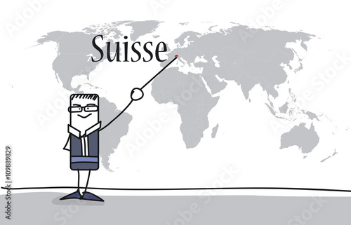 Personnage montrant la Suisse sur une carte du monde
