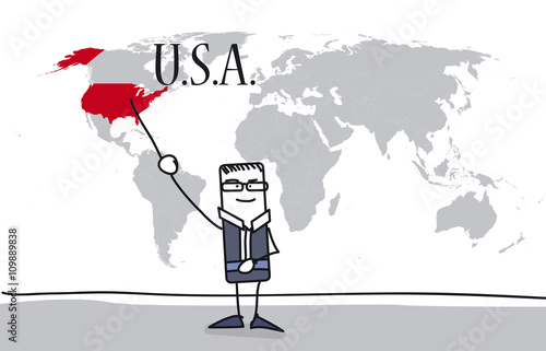 Personnage montrant les USA sur une carte du monde