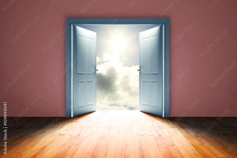 Composite image of door opening in dark room to show sky Composite image of door opening in dark room to show sky
