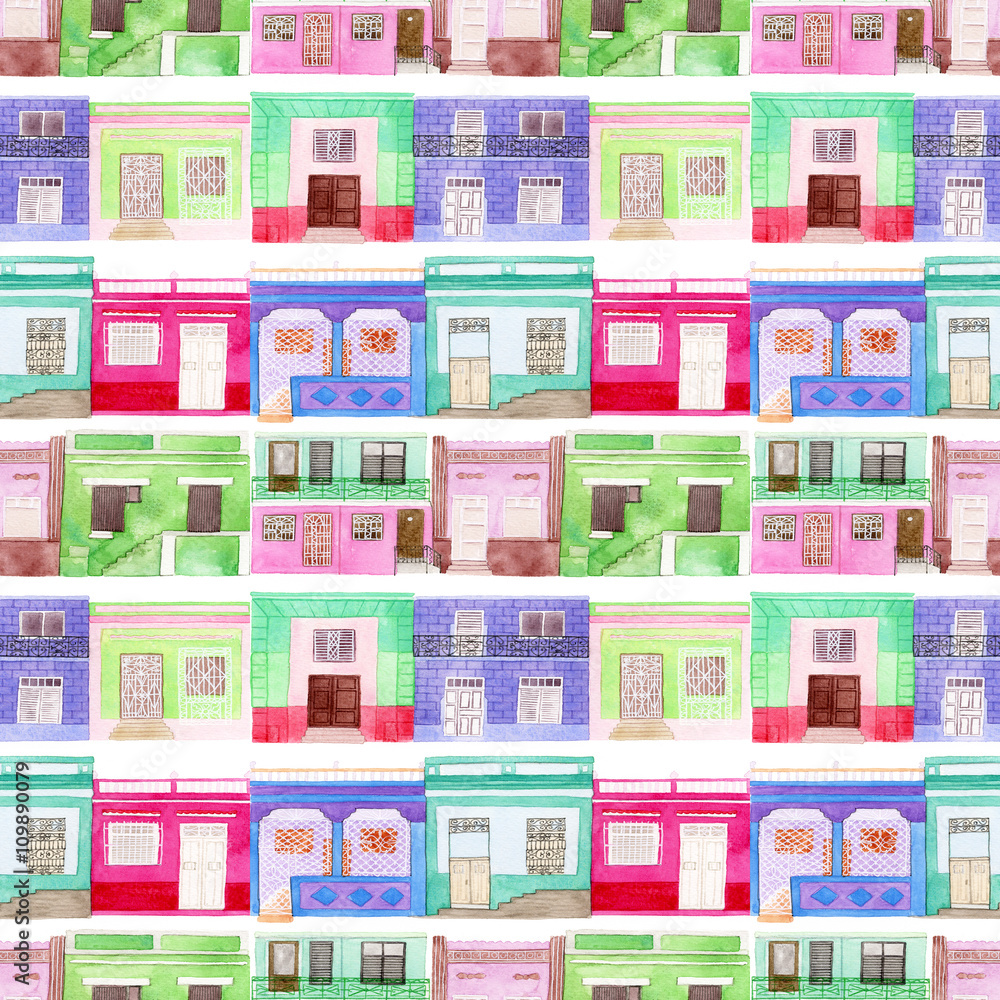 Old colorful house set. Seamless pattern with hand drawn houses - buildings from Latin America towns. Real watercolor drawing.