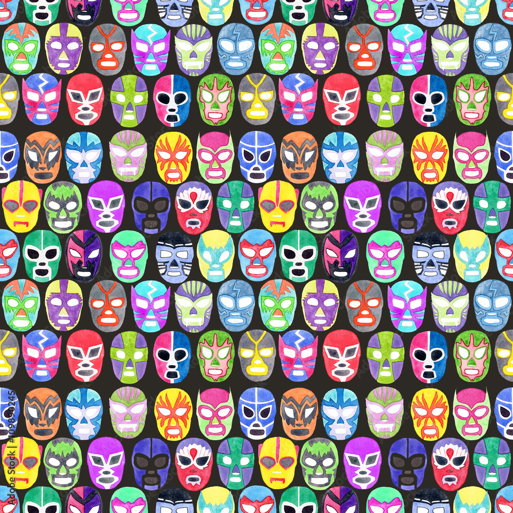 Luchador or fighter mask set. Seamless pattern with hand-drawn lucha libre - free fight - masks - helmets on the white background. Real watercolor drawing.