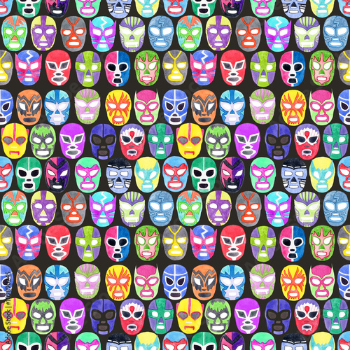 Luchador or fighter mask set. Seamless pattern with hand-drawn lucha libre - free fight - masks - helmets on the white background. Real watercolor drawing.