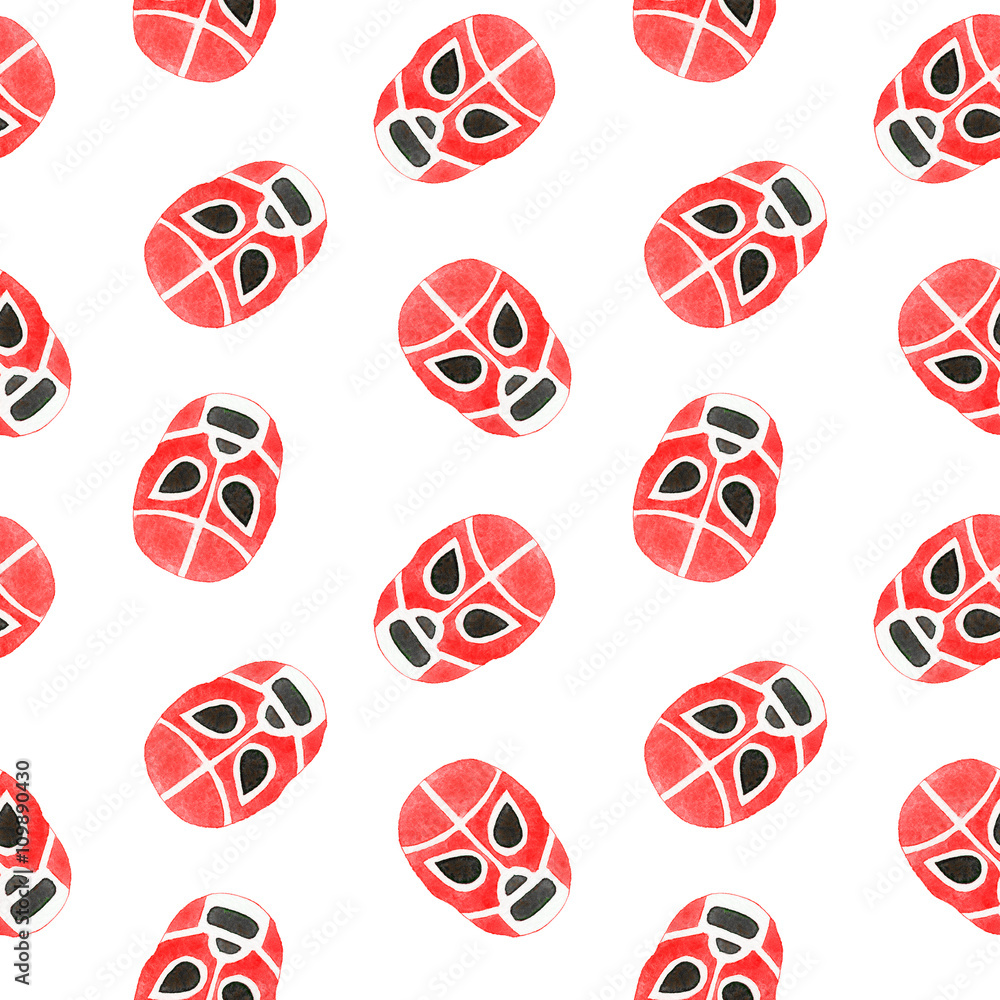 Luchador or fighter mask. Seamless pattern with hand-drawn lucha libre - free fight - masks - helmets on the white background. Real watercolor drawing.