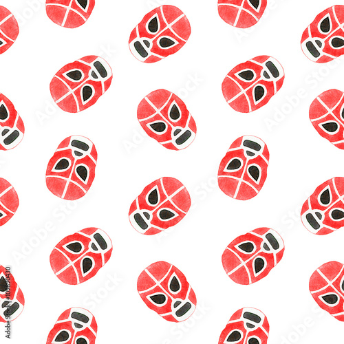 Obraz na płótnie Luchador or fighter mask. Seamless pattern with hand-drawn lucha libre - free fight - masks - helmets on the white background. Real watercolor drawing. w salonie