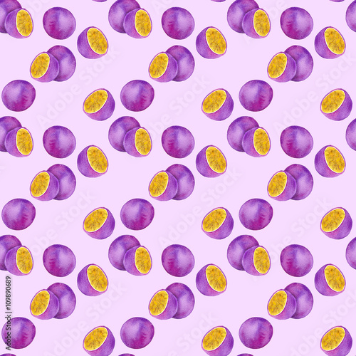 Passion fruit or maracuya. Seamless pattern with fruits - passionfruit. Real watercolor drawing.