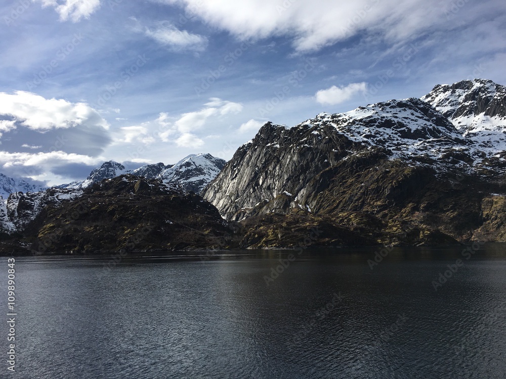 The magnificent Trollfjorden in Lofoten, Norway. A narrow fjord, only a hundred meters wide at it's narrowest point. But, even large cuise ships visit the fjord because of its marvelous views.  
