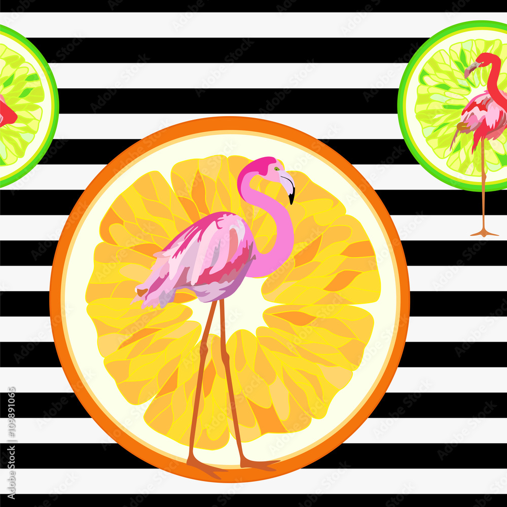 Fototapeta premium Abstract illustration of a flamingo on a striped background with oranges, fashion design, seamless pattern