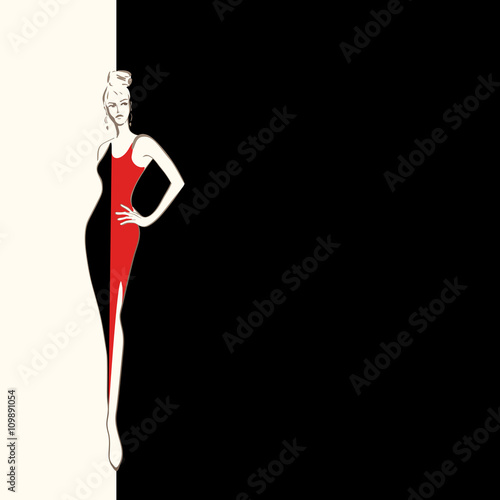 Abstract sketch of a girl (model) in a dress (red and black), the logo Beauty Fashion, fashion pattern