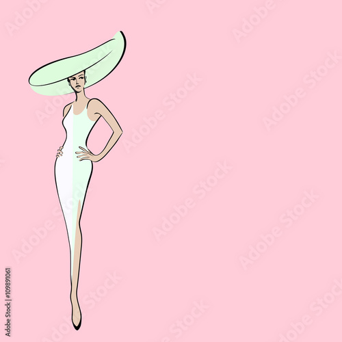 Abstract watercolor portrait of a girl (model) in a white dress and green hat on a pink background, beauty and fashion logo