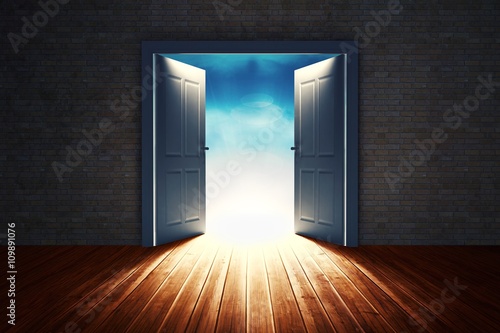 Fototapeta Composite image of open big door on wall