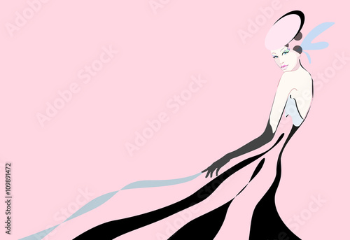 Abstract watercolor portrait of a girl (model) hat, headscarf polka dots ,, dress in black stripes, pink background, fashion