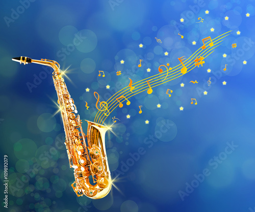 Obraz na plátně Golden saxophone with notes coming out against blue background