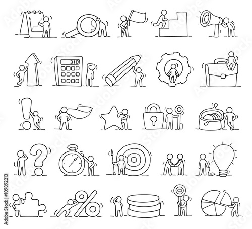 Business icons set of sketch working little people
