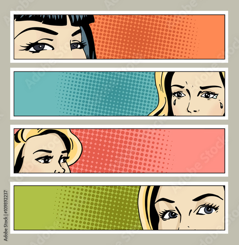 Pop art banner with female eyes and blank space for text.
