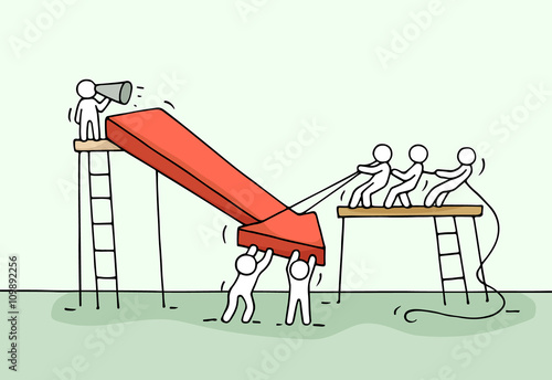 Sketch of working little people with arrow down, teamwork. Doodle cute miniature arrow and prepare out of the crisis. Hand drawn cartoon vector illustration for business design and infographic.