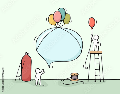 Sketch of speech bubble with working little people. Doodle cute miniature teamwork. Hand drawn cartoon vector illustration for business design and infographic.