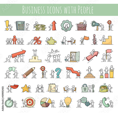 Business icons set of sketch working little people