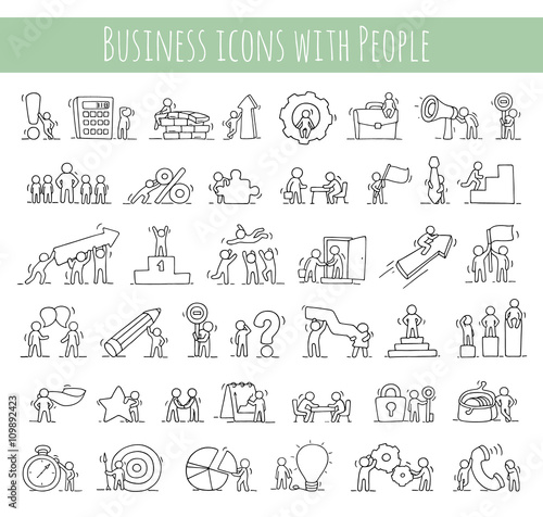 Business icons set of sketch working little people