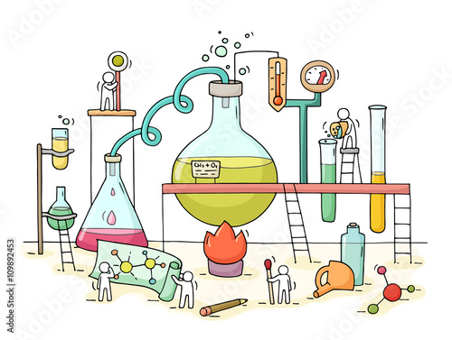 Sketch of chemical experiment with working little people, beaker. Doodle cute miniature of teamwork and materials research. Hand drawn cartoon vector illustration for biology and chemistry.