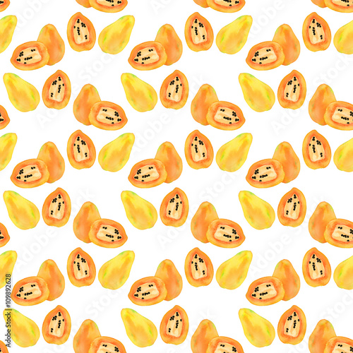 Papaya or papaw. Seamless pattern with fruits - papayas. Real watercolor drawing.