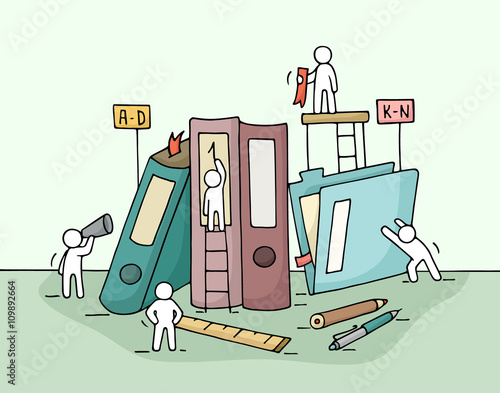Sketch of working little people with folders, office supplies.