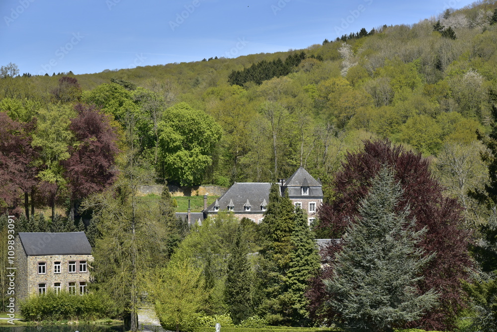 Obraz premium L'ancien moulin à eau converti en appartements et l'une des fermes-château dans la nature luxuriante près des Jardins d'Annevoie 